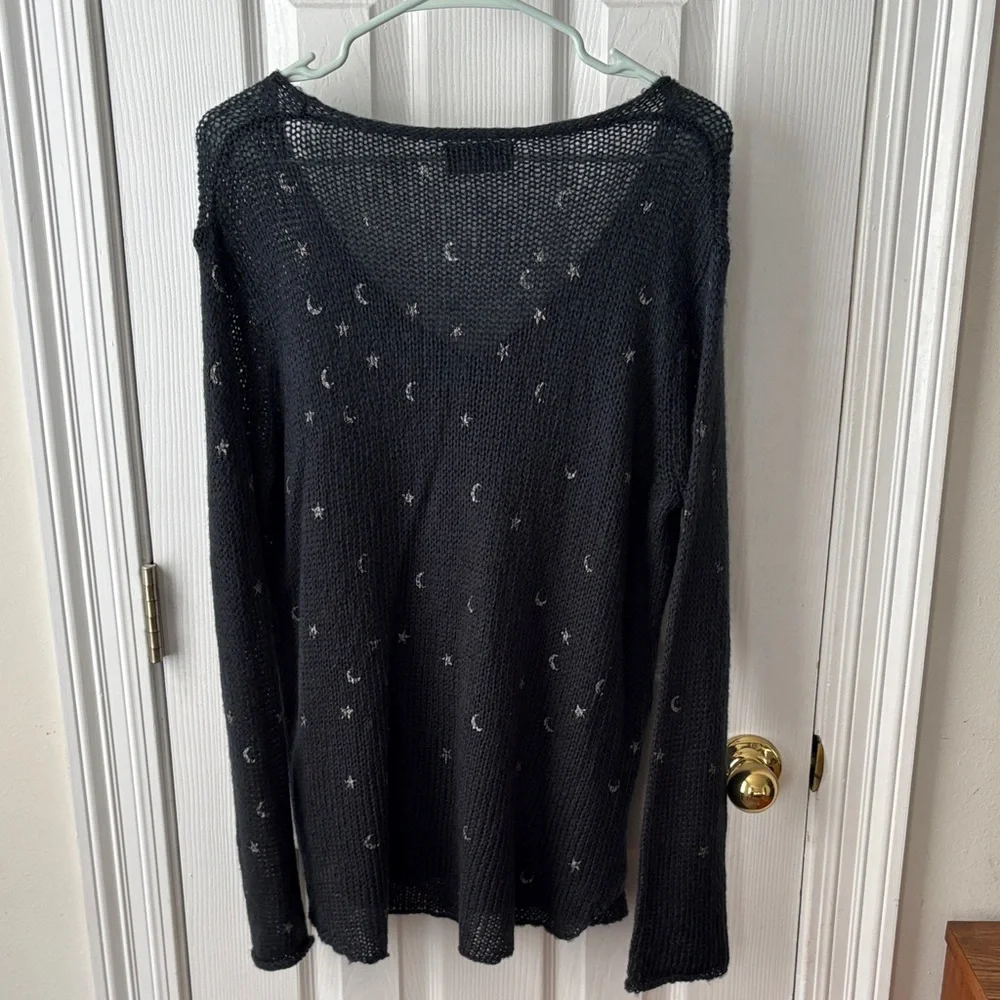 Wooden Ships Stars and Moon Lightweight Knit Wool Sweater Navy Blue S/M - Picture 9 of 9